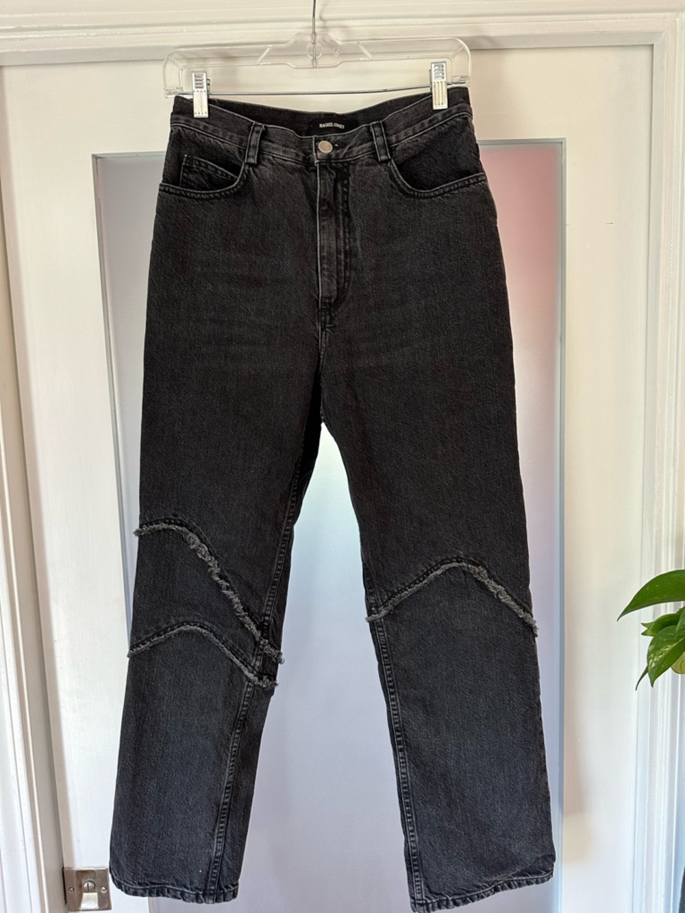 Rachel Comey Black Cropped Straight Jeans with Frayed Knee Arches